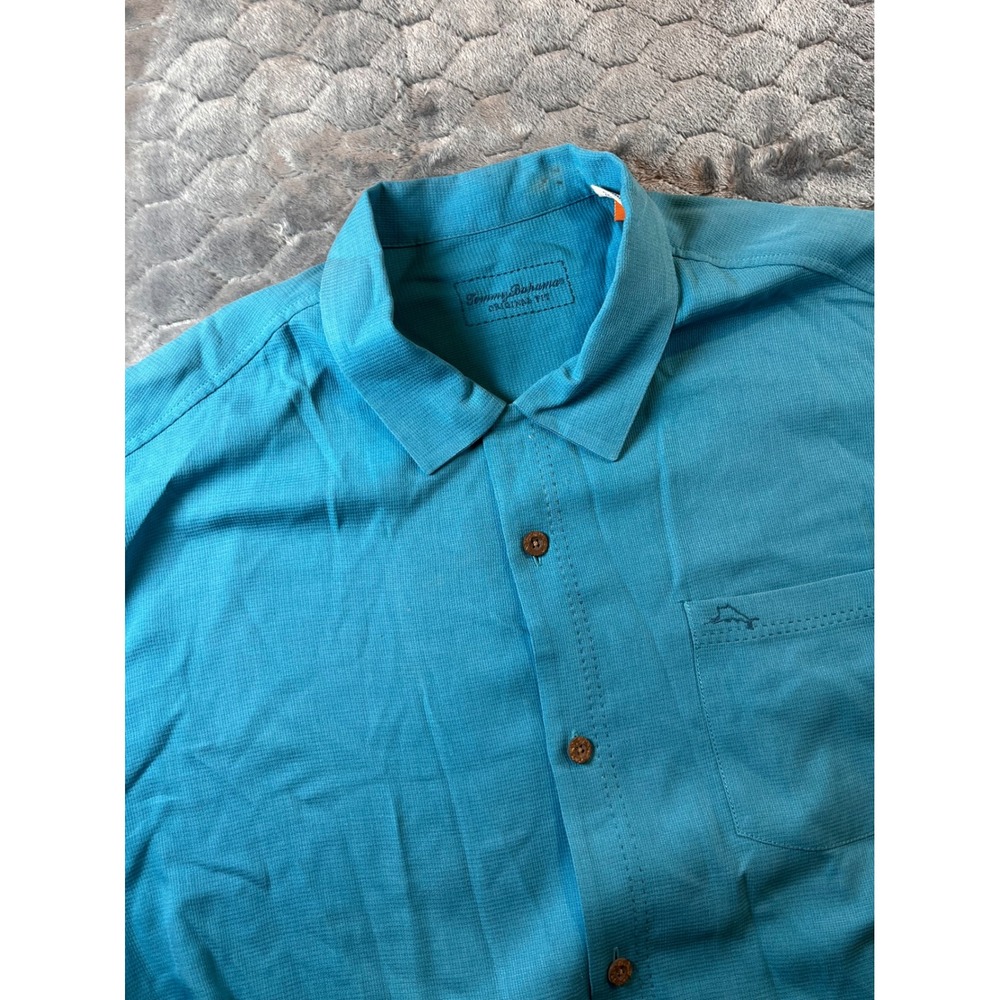 Tommy Bahama Island Zone Mens XL Blue Silk Polyester Short Sleeve Button Down
